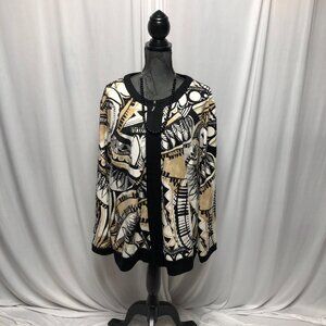 Alfred Dunner Cardigan Womens Size 24W Abstract Black Beige Zippered Sweater